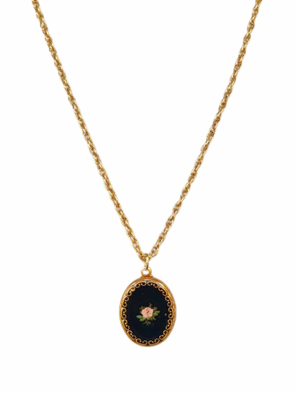 Vintage Gold Tone Black and Oval Floral Cameo Filigree Pendant